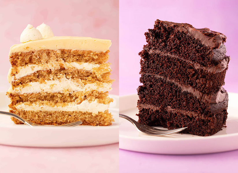 two pieces of layer cakes side by side. Left: honey cake, Right, Chocolate cake