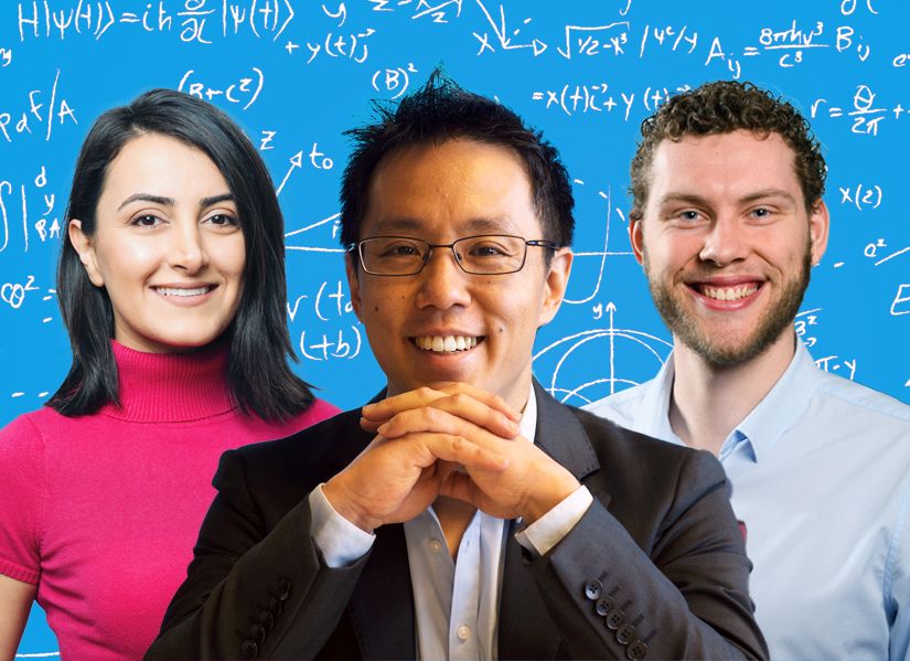 Three cropped headshots of two QUT students and one researcher on a blue background featuring maths equstions