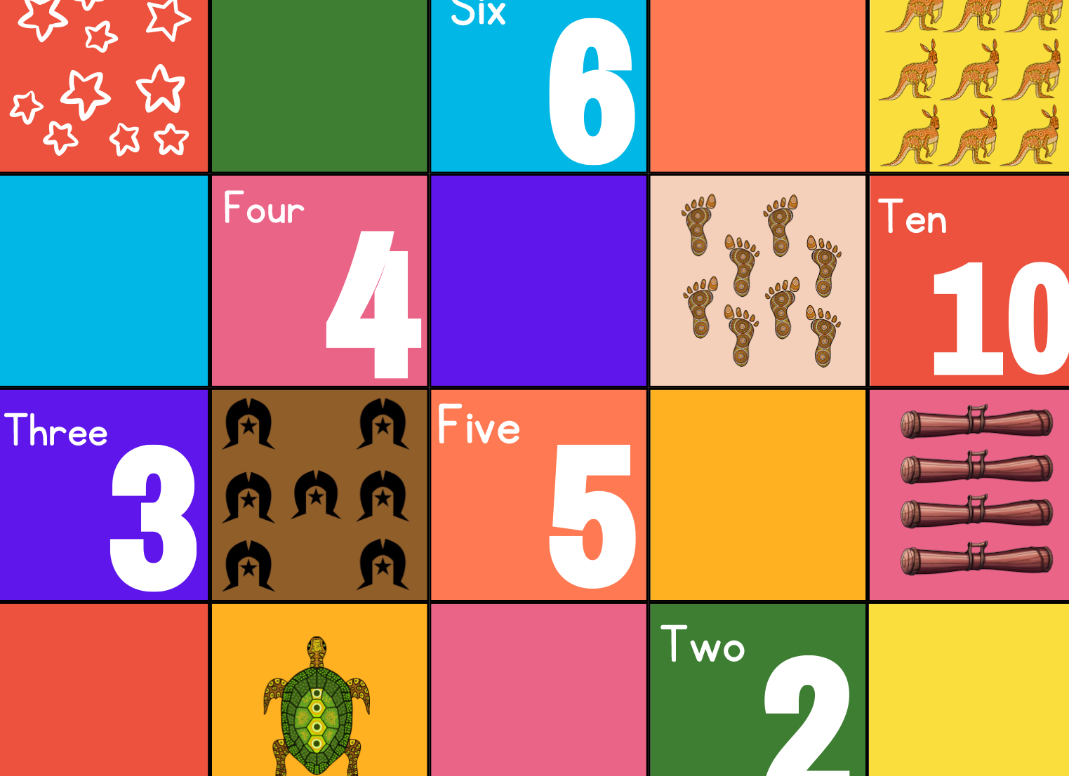 Colourful squares with numbers and pictures used to teach young children how to count