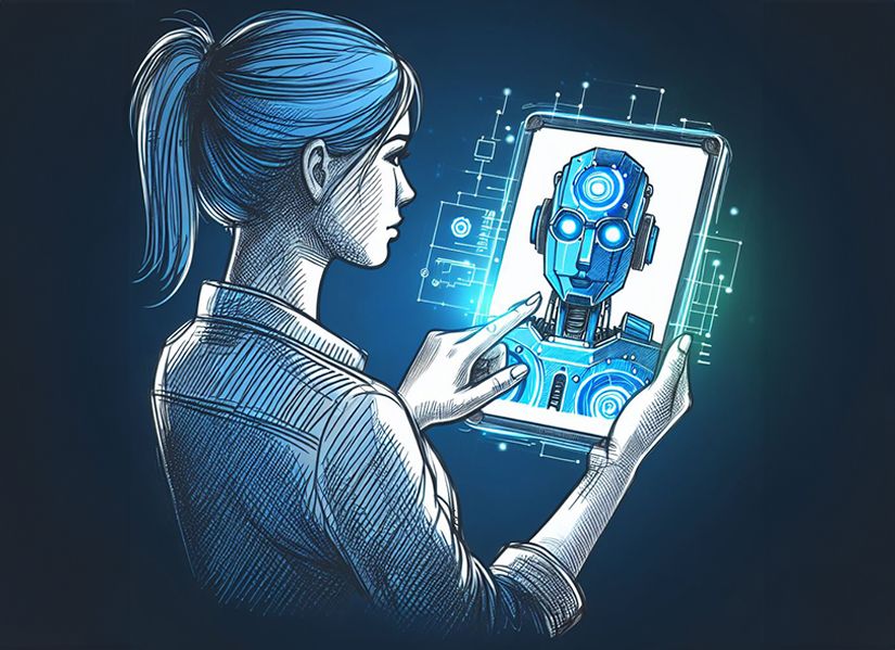 Illustration of young woman building a robot on her tablet device