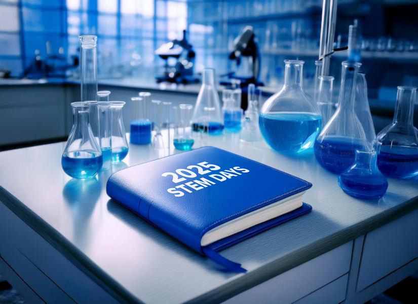 blue diary  on a table in a lab, with '2025 STEM DAYS' written on the cover