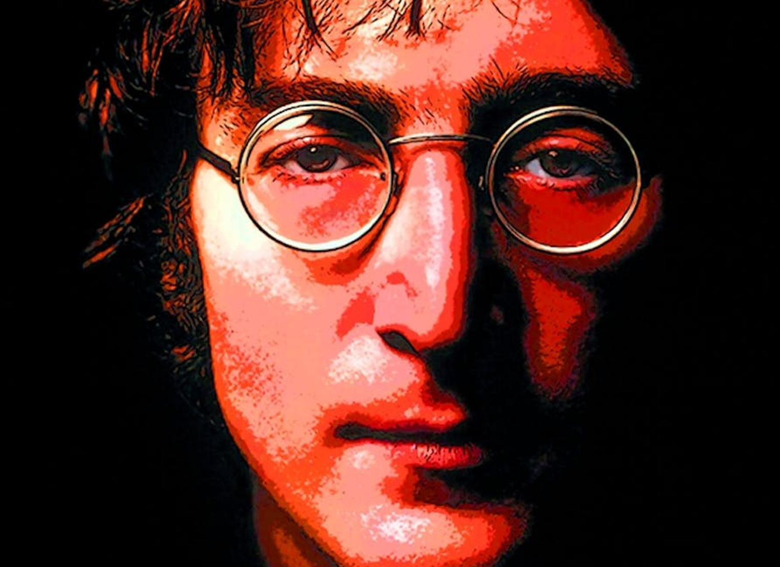 A stylised, red wash, close-up photograph of John Lennon's face, wearing his signature round glasses