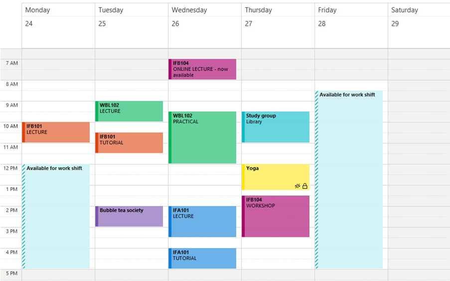 An example of a weekly student timetable with four lecture sessions, a workshop, a practical session and two tutorials. Plus a day free for work.
