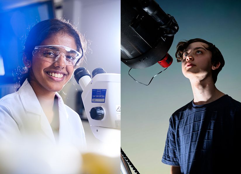 Image split in half with one side featuring a young women doing experiments in a science lab and the other side features a young man looking into a telescope.